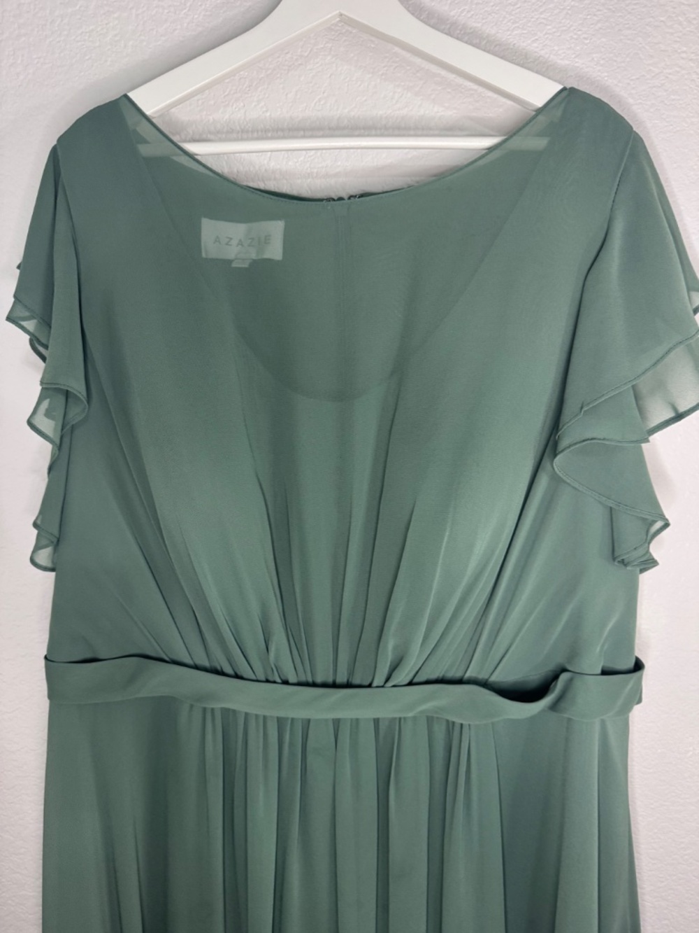 Azazie Daphne A-Line Ruffled Chiffon Floor-Length Bridesmaid Dress in Eucalyptus - Picture 3 of 14